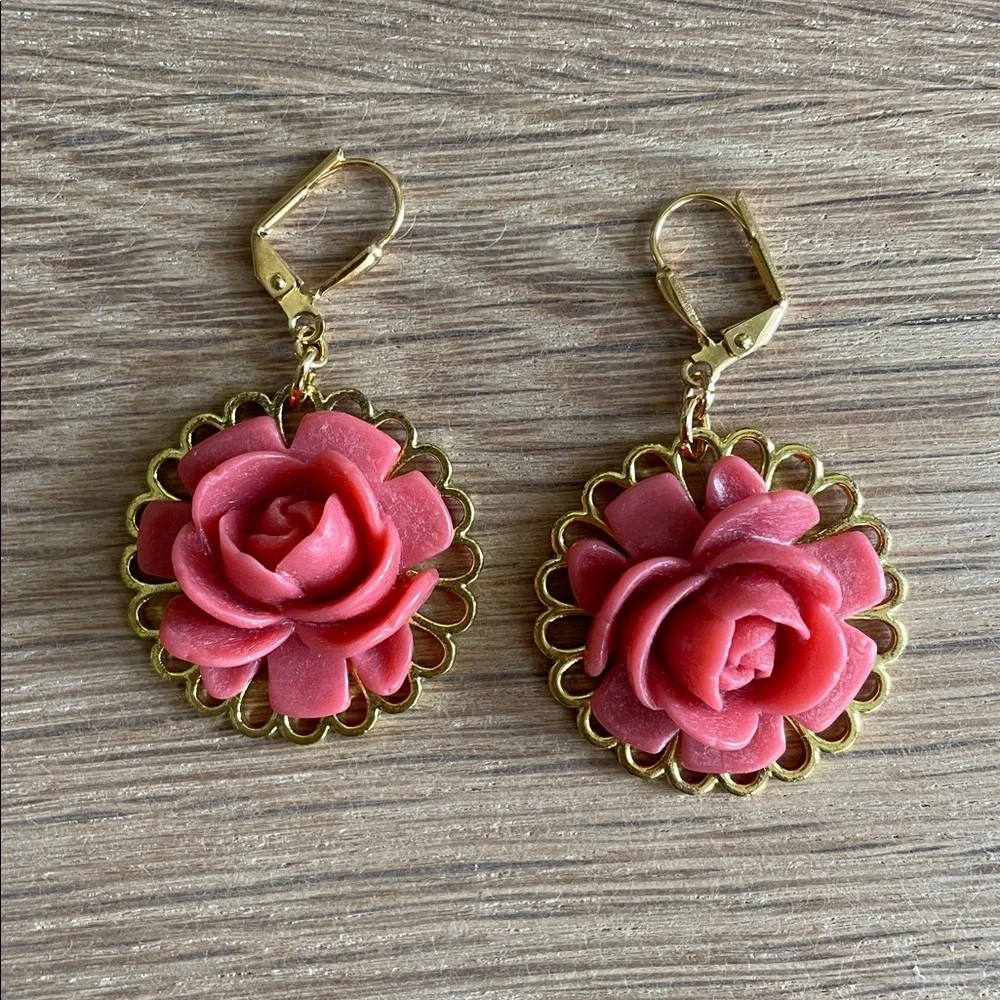 HAND CRAFTED PINK ROSE EARRINGS Acrylic Floral Components Pink Gold
